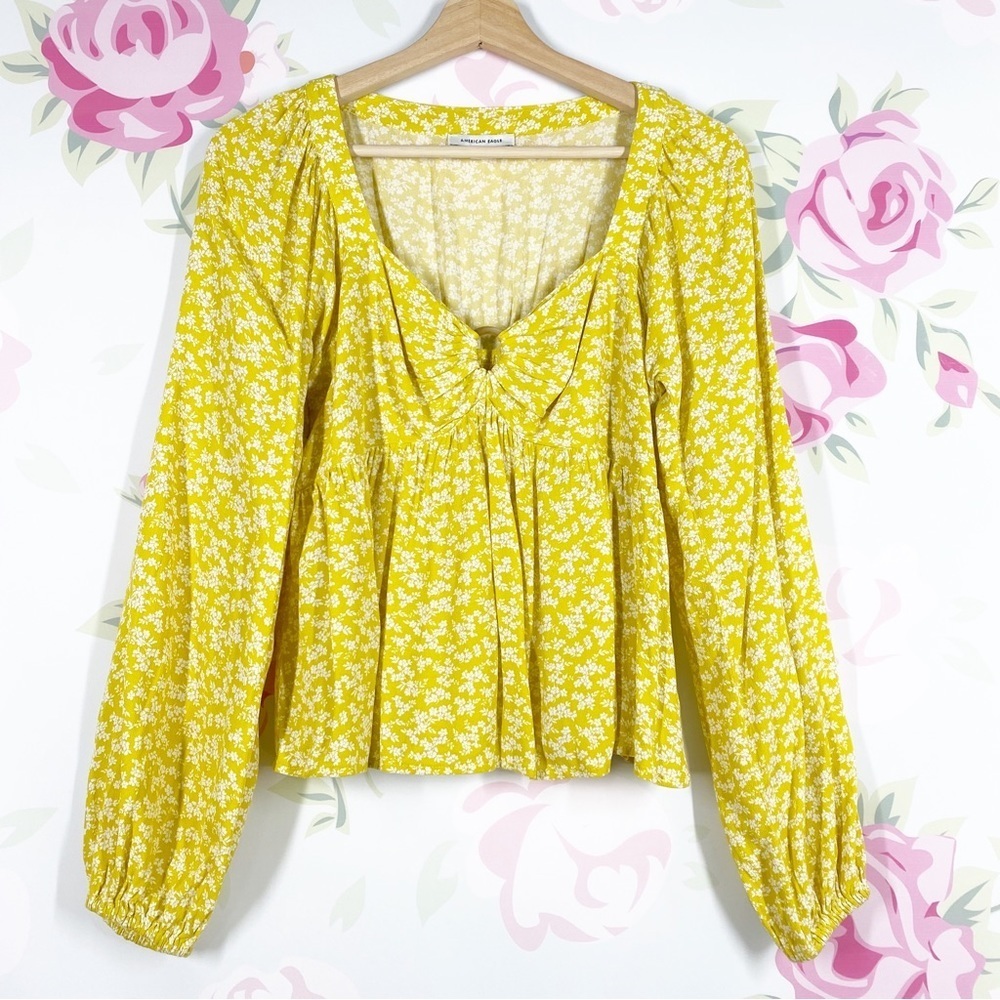 American Eagle Outfitters AEO Yellow Ditsy Floral Sweetheart Neckline Blouse S